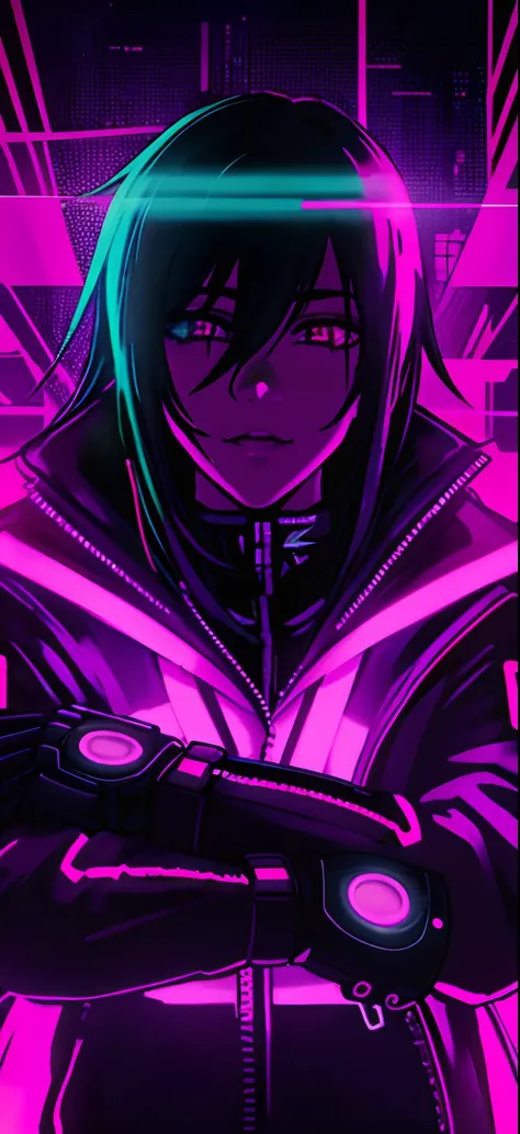 Close-up of a man in a neon jacket and gloves, cyberpunk artstyle, digital cyberpunk anime art, cyberpunk artstyle, digital cyberpunk - anime art, bright cyberpunk glow, Neonpunk, Cyberpunk Dude, cyberpunk atmosphere, cyberpunk atmosphere, with Cyberpunk s...