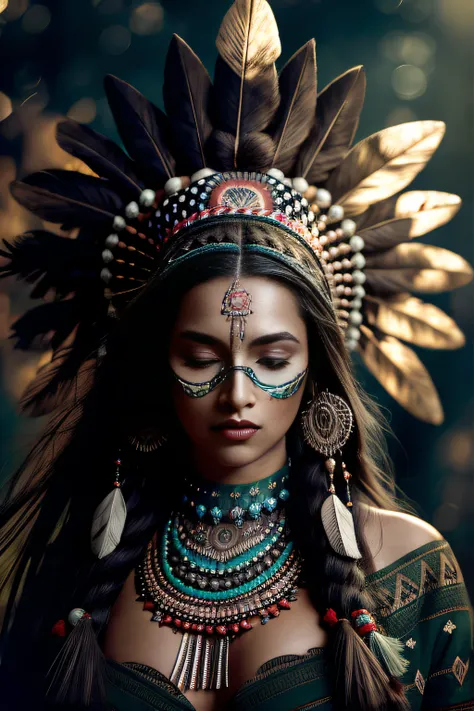 (full portrait), (half shot), solo, detailed background, detailed face, (stonepunkAI, stone theme:1.1), wise, (female), (native american), (beautiful hair, braids:0.2), shaman, septum piercing, mystical, (gorgeous face), stunning, head tilted upwards, (eye...