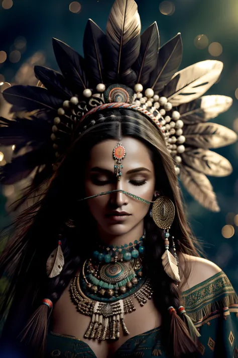 (full portrait), (half shot), solo, detailed background, detailed face, (stonepunkAI, stone theme:1.1), wise, (female), (native american), (beautiful hair, braids:0.2), shaman, septum piercing, mystical, (gorgeous face), stunning, head tilted upwards, (eye...