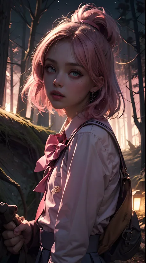 creepy girl, (pink school uniform:1.4), spooky woods, lost in dark wood, (at night:1.2), monsters, glowing eyes, (flawless skin:1.2), DarkWoodsStyle