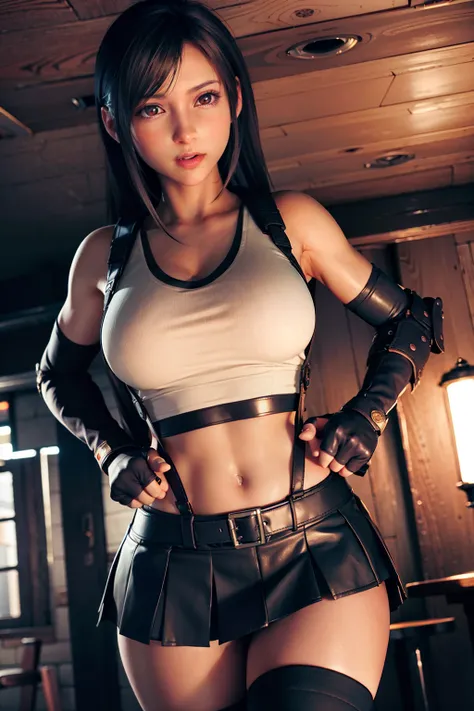 女の子1人、tifa lockhart、teats、nedium breasts、Long、gloves、skirt by the、thigh-high socks、Lifting clothes、Lift the shirt、fingerless gloves、suspenders、a navel、lifted by self、独奏、looking at viewert、a black skirt、Suspender skirt、Black knee high、Toned、elbow pad、brown-...