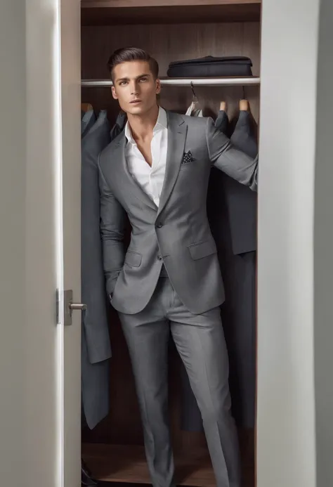 topless fit man, in closet with his business suit behind him, dressing and getting ready for corporate job