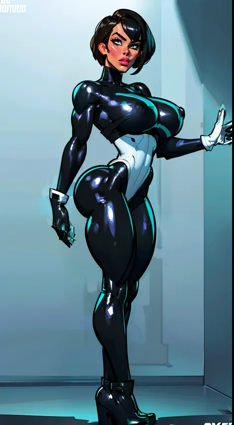 ((full body view:1.2)), Maddie Fenton, short brunette hair, wears goggles, (black boots:1.2), (white skin:1.5), ((front view:1.3)), pale face, (puffy lips:1.4), (black gloves:1.4),(spandex), ((detailed face)), ((teal bodysuit:1.1)), (gigantic breasts:1.4),...