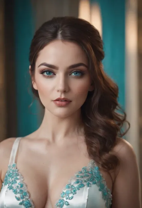 An extremely extravagant goddess, wearing a tight white silk dress, curvy body with collosal ass and breaats, beautiful turquoise eyes with perfect eye shadow