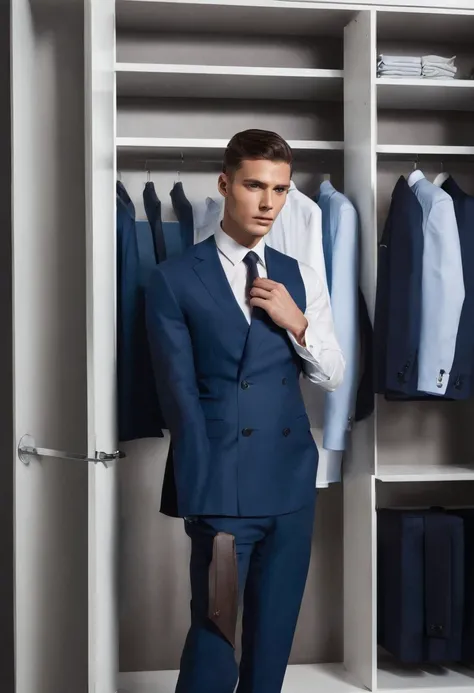 topless fit man, in closet with his business suit behind him, putting on his shirt and getting ready for corporate job