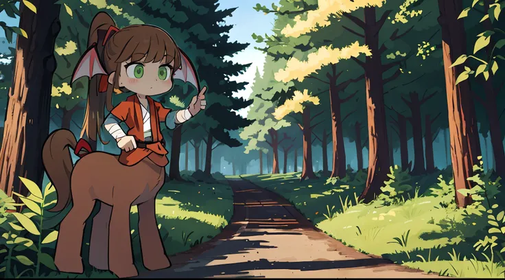 Background Forest, A  girl, centaur, green colored eyes, Brown hair, tucked into a high ponytail tied with a red ribbon, Orange bathrobe, with red stripes, red belt at the waist, bandages on the hands, grey skin, bat wings on the head