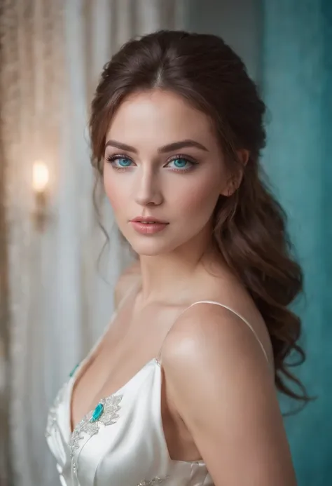 An extremely extravagant goddess, wearing a tight white silk dress,slim thick curvy body with collosal ass and breaats, beautiful turquoise eyes with perfect eye shadow