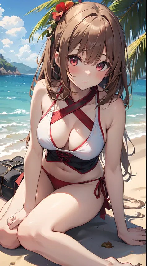 ((4K, ​master piece, Best Quality)), 1girl in, Light brown SHRT hair, Red Eyes, center parted hair, medium breasts⁩, Cute, blush, Swimsuit, Summer,Beautiful and perfect legs, Clean and perfect hands