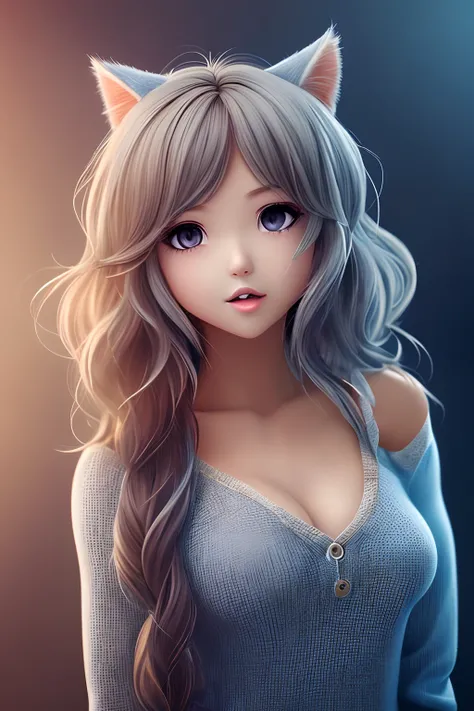 Black girl, brown skin, neko, cat girl, long wavy black hair, curvy, beautiful, small lips, grey background, character render.