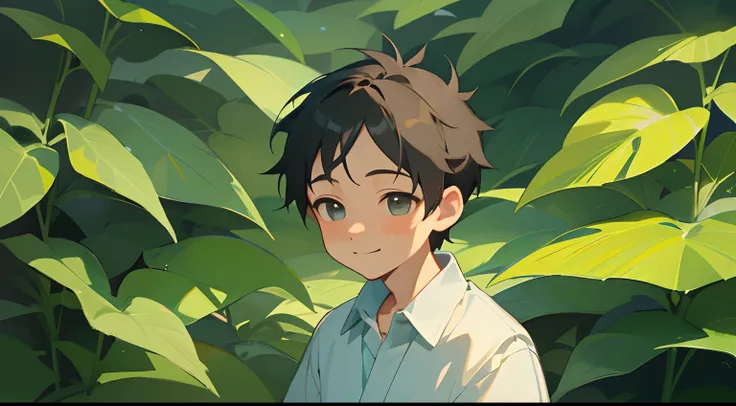 Create an image of young boy looking at the plants with a sense of understanding and realization on his face.Grandpa could stand nearby, smiling with pride.animation film