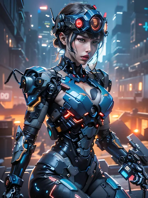 (best quality, ultra-detailed, highres, realistic:1.4), stunning illustration, intricate details, highly-detailed 1girl, with a delicate and beautiful face, dressed in black and blue mechanical attire, wearing a mech helmet, holding a directional controlle...