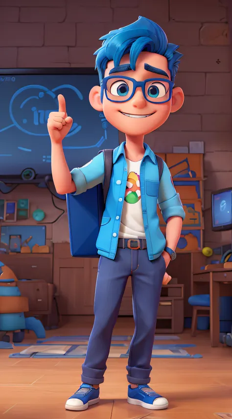 A young man coder geek with glasses, with arm in the air pointing finger up with blue hair and blue glasses, holding a laptop, digital painting, 3D character design by Mark Clairen and Pixar and Hayao Miyazaki and Akira Toriyama, 4K HD illustration, highly...