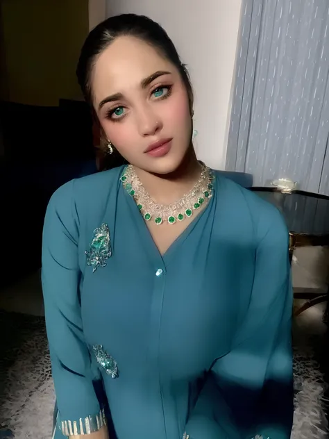 there is a woman that is posing for a picture in a blue dress, faridah malik, inspired by Riza Abbasi, edited, with professional makeup, actress, exclusive, ad image, fanart, wearing elaborate green and gold, inspired by Ambreen Butt, at night time, emeral...