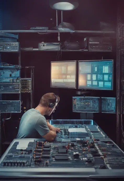 A realistic image of a technician solving software problems, Network issues or funny user requests.