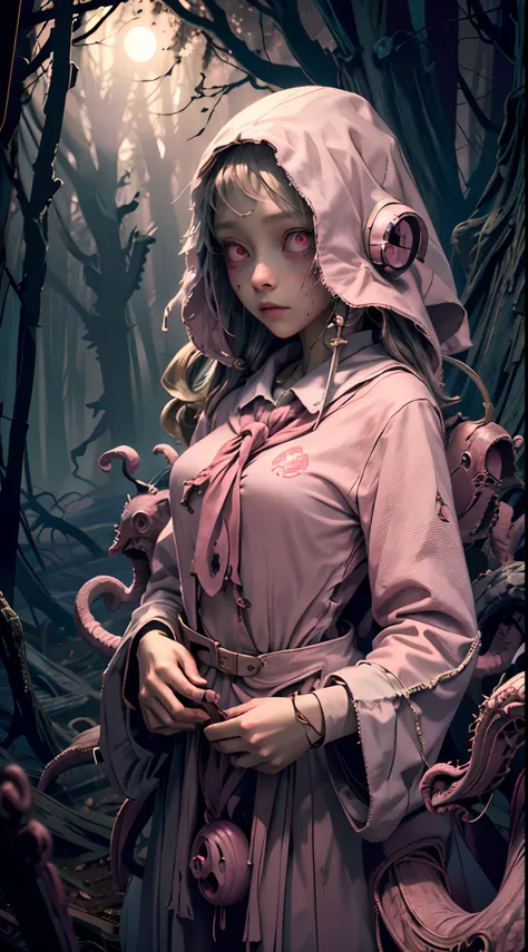 creepy girl, (pink school uniform:1.4), spooky woods, lost in dark wood, (at night:1.2), monsters, glowing eyes, (flawless skin:1.2), DarkWoodsStyle, kikimora