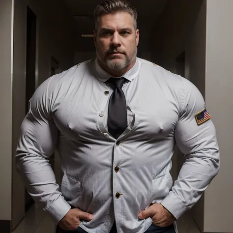 Man 50 years old , daddy , white haire , beard ,hairy , muscled huge pecs , huge torso , huge arms,  in military suit with a tie and a jacket  , full body