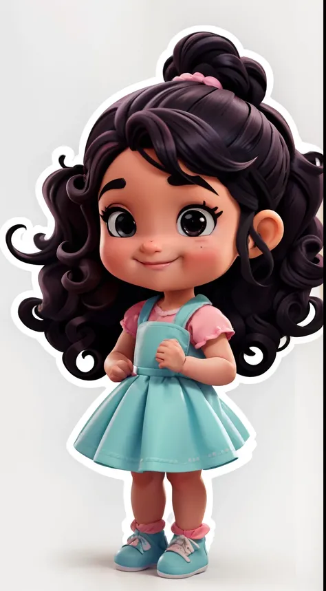 uma garotinha fofa ((((baby style)))) em um chef confeiteiro, Estilo Chibi, Ela tem (((cabelo preto curto))), ((((hair tied back with two ponytails))))), ( ((curly hair))), olhos castanhos, She is grinning, Shes wearing a pink and blue dress, com sapatos b...