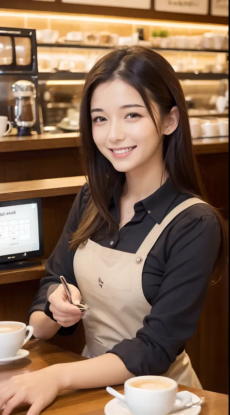 (Female clerk in café:1.4),Beautiful 16 year old woman,Natural smile,