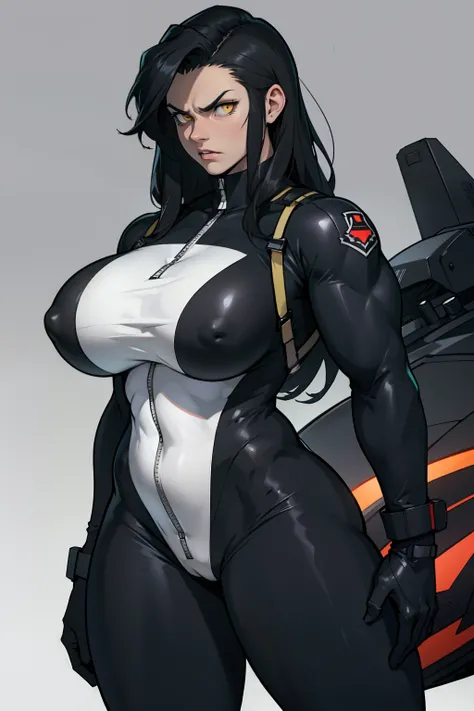 (bodybuilder huge breasts) pale skin yellow eyes black hair very long hair 1girl dark atmosphere thick thighs grey background tight clothes angry black bodysuit pilot suit skintight