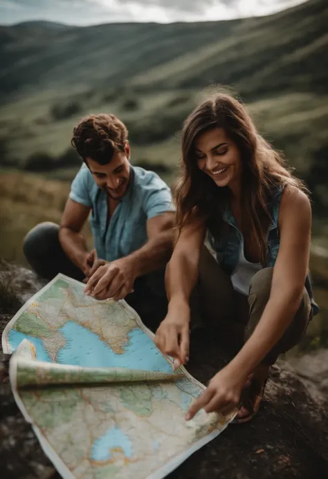 Two friends with a map in hand, sorrindo e prontas para a viagem de carro.