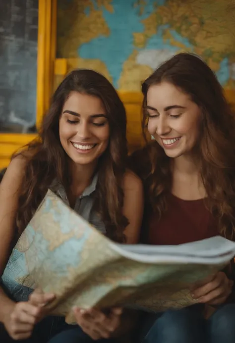 Two friends with a map in hand, sorrindo e prontas para a viagem de carro.