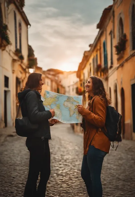 Two friends with a map in hand, sorrindo e prontas para a viagem de carro.