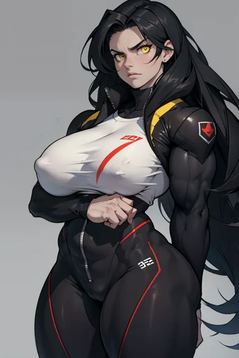 (bodybuilder huge breasts) pale skin yellow eyes black hair very long hair 1girl dark atmosphere thick thighs grey background tight clothes angry