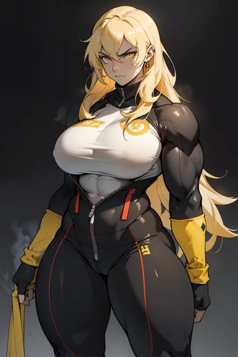 ((bodybuilder huge breasts)) pale skin yellow eyes black hair very long hair 1girl dark atmosphere thick thighs grey background tight clothes angry