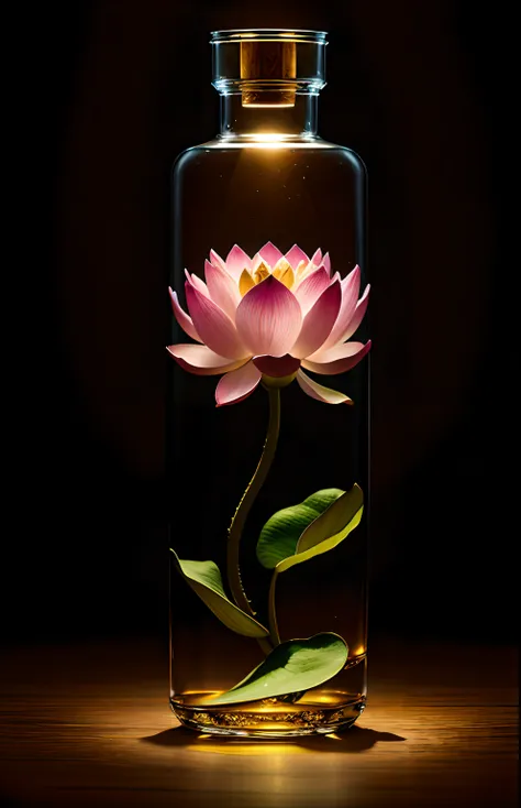 Lotus flower in a bottle, fluffy, realistic, atmospheric light refraction, by lee jeffries nikon d850 film stock photograph 4 kodak portra 400 camera f1.6 lens rich colors hyper realistic lifelike texture dramatic lighting unreal engine trending on artstat...