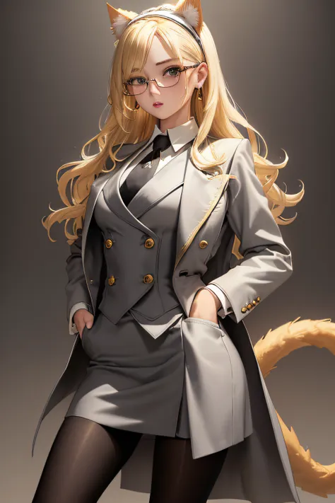 (masterpiece, best quality:1.2), cowboy shot, solo, 1girl, cat gir, cat ears cat tail, long hair, pushed back hair, wavy hair, hairband, blonde hair, makeup, lipstick, looking at viewer, grey skirt suit, (((three-piece suit))), ((dress shirt with white col...