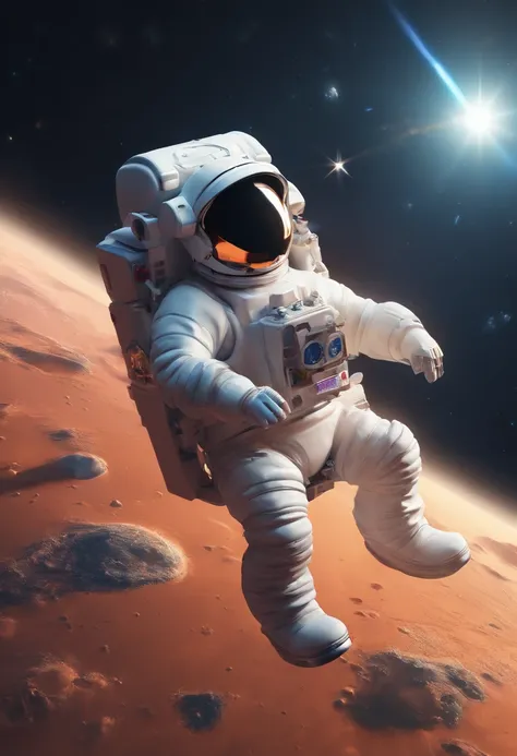 An astronaut with a toy horse resting on his back in space