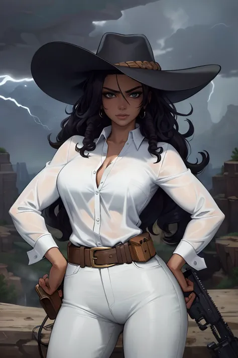 (masterpiece:1.2), (best quality:1.2), perfect eyes, perfect face, perfect lighting, 1girl, mature black female, gunslinger, curly hair, gun, black cowboy hat, brown clothes, riding a horse, (detailed background, Colorado, canyon, storm, dark clouds), look...