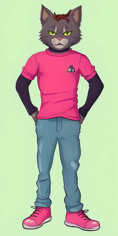 um gato dos desenhos animados vestindo uma camisa rosa e jeans azul, retrato de corpo inteiro de um curto!, retrato de corpo inteiro, retrato de personagem de corpo inteiro, Retrato de corpo inteiro do personagem, !!retrato de corpo inteiro!!, Retrato de p...