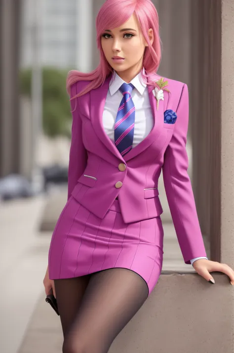 solo, very detailed, detailed face, pokidiffusion, picture of a beautiful girl with pink hair, skirt suit, (((three-piece suit))), necktie, blazer, (((suit jacket))), (((waistcoat))), double-breasted waistcoat, bodycon miniskirt, pencil skirt,, soft smile,...