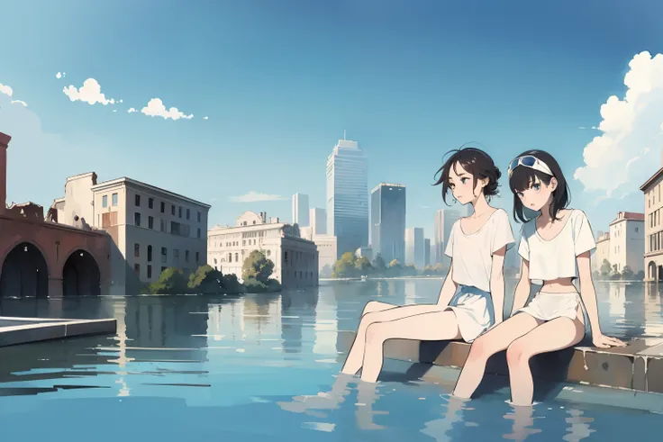 masterpiece, best quality, 2girls, (closeup), 18yo teen, slim, small breast, white shirt, white panties, goggles on head, sitting in boat, flooded street, skyscrapers, flood, water, (ruins, desolate), wasteland, blue sky, bright, white, watercolor