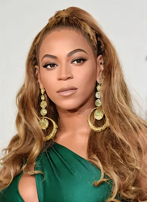 um close up de uma mulher em um vestido verde com cabelo longo, beyonce, beyonces Live Show, - beyonce as She-Hulk, beyonces portrait, feroz - olhando, vestindo verde e dourado elaborados, beyonce as the pope, foto em alta, olhar infantil, beyonce as wonde...