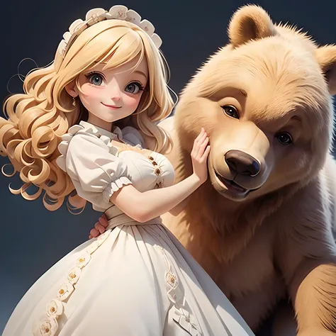 masterpiece, best quality, a girl smiling, blonde, hair curls, dirndl dress, patting a grizzly bear, looking at viewer