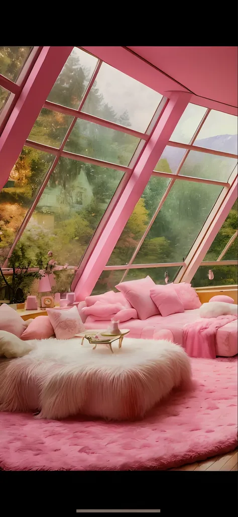 Greece Condo with a pink rug and a pink couch, in a candy land style house, brightly lit pink room, dreamy aesthetic, cozy aesthetic, cozy place, thomas kinkade. cute cozy room, soothing and cozy landscape, pink forest, cottagecore!!, cozy home background,...