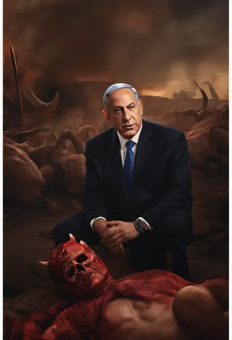 Benjamin Netanyahu as the devil with horns looking over a dead bodies in a war zone