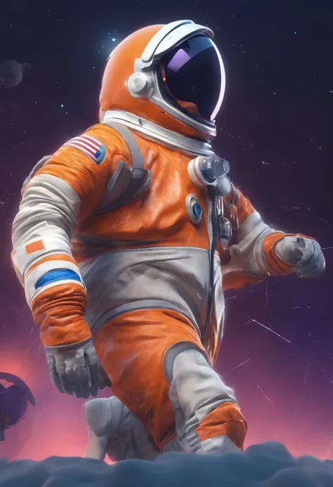 A man dressed in a horse costume riding a man dressed as an astronaut, in space