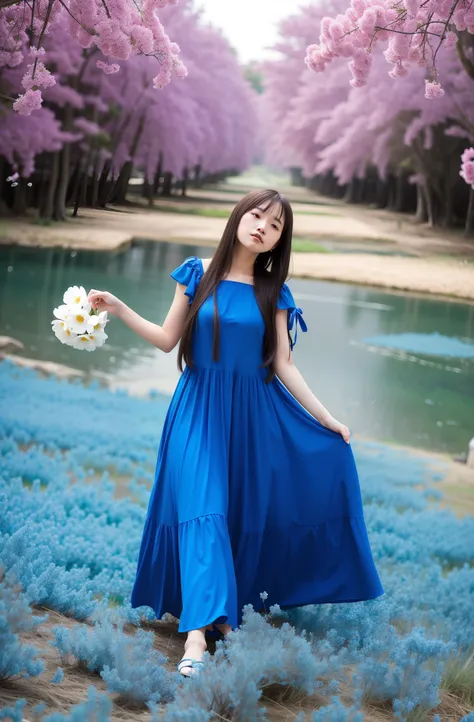 a woman in a blue dress standing in a field of flowers, with beautiful colors, in blue dress, blue dress, blue colored traditional wear, long blue dress, dressed in blue, wearing blue dress, sky blue, flowing dress, ao dai, blue, beutiful, wearing a blue d...