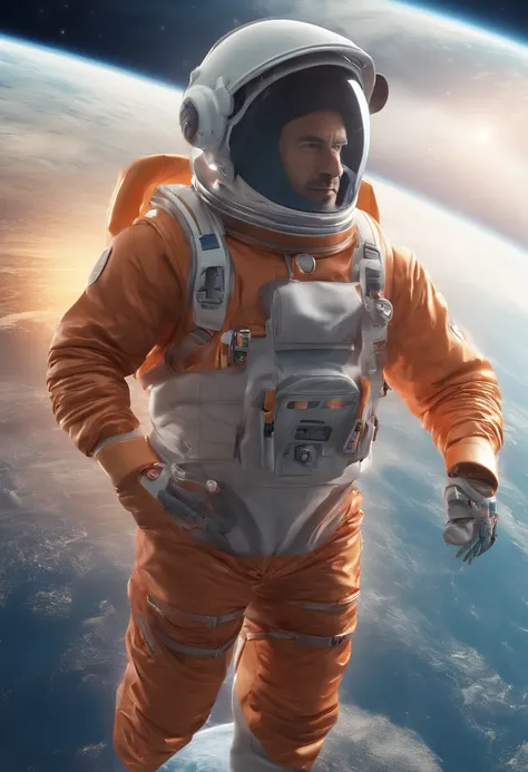 A man dressed in a horse costume riding a man dressed as an astronaut, in space