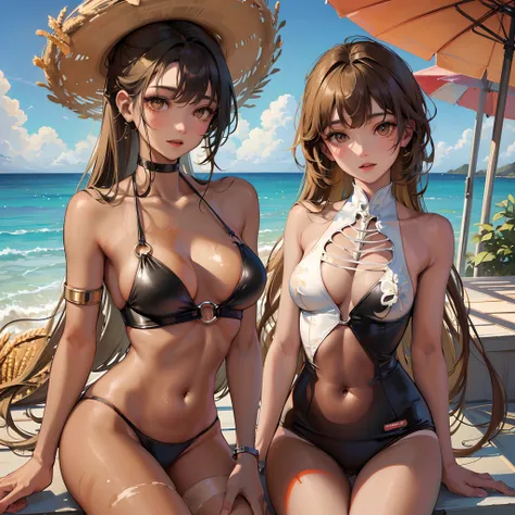 ((Finest quality)),(超A high resolution),(ultra-detailliert),(Meticulous portrayal),((Best CG)),(Finest works of art),Ultra-Precision Art,The art of astounding depiction, suns:1.5,the beach:1.5, (1人の女性:1.5),(Wheat-toned skin:1.5),(Tan marks on swimsuits:1.5...