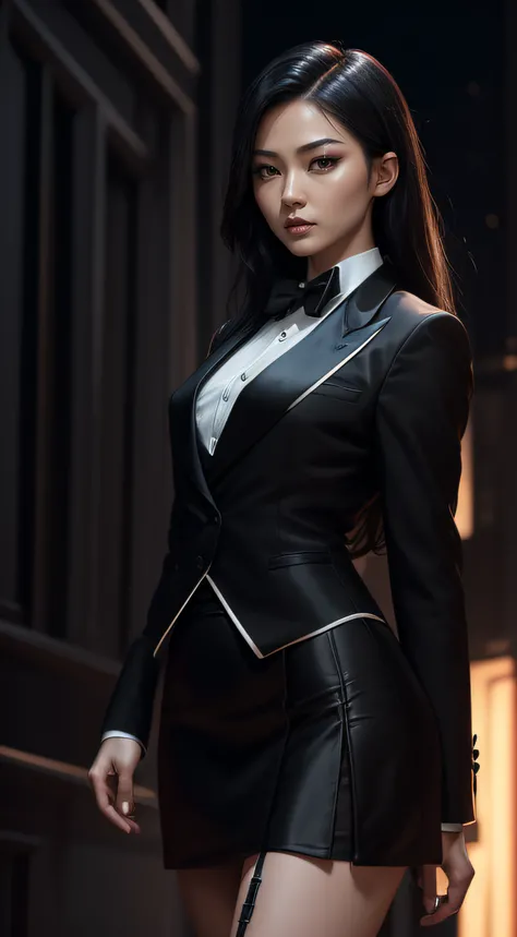 (A beautiful 25 years old Asian Hitwoman), (wolfcut black hair), (pale skin), (serious face), (wearing black and white formal tuxedo), skirt suit, (((tuxedo))), (((dress shirt))), (((black bowtie))), blazer, (((suit jacket))), (((waistcoat))), double-breas...