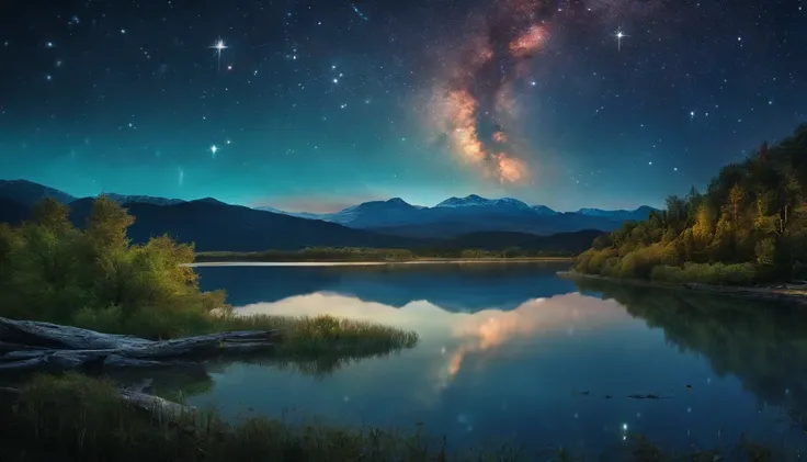 masutepiece、top-quality、Top image quality、The 8k quality、、Beautiful starry sky illustration、Two beautiful shooting stars、Fantastical、lake、Lots of fireflies、contrast, vibrant, uhd, Super AMOLED WALLPAPER,