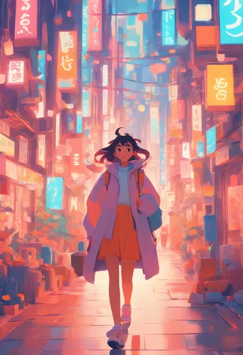 illustration of a woman walking through a city with various objects, editorial illustration pastelcolor, in style of james gilleard, illustration style, james gilleard artwork, flat illustration, in style of digital illustration, magazine illustrations, ed...