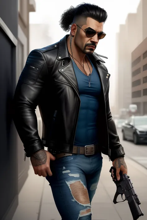 Crime boss, realistic, hispanic, good looking, black leather jacket, blue ripped jeans, with a holstered pistol