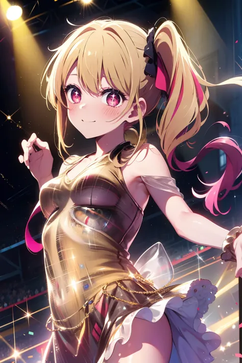 1girl, solo,  Hoshino Ruby, symbol-shaped pupils, (left star-shaped pupils:1.2), sparkling eyes, (star in left eye:1.2), symbol in eye, red eyes, long hair, blonde hair, bangs, blush, (side ponytail:1.1), (dress:1.2), on the stage, idol, dancing, spotlight...