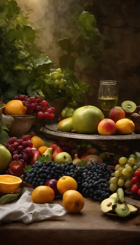 UMA IMAGEM DE UMA MESA BEM ARRUMADA COM UMA BANDEIJA CHEIA DE VEGETAIS E FRUTAS FRESCOS BRILHANTES E APETITOSOS, OF VARIOUS COLORS