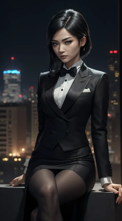 (A beautiful 25 years old Asian Hitwoman), (wolfcut black hair), (pale skin), (serious face), (wearing black and white formal tuxedo), skirt suit, (((tuxedo))), (((dress shirt))), (((black bowtie))), blazer, (((suit jacket))), shiny lapels, (((waistcoat)))...